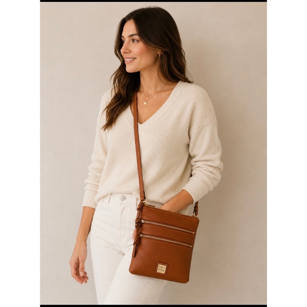 Dooney & Bourke Pebble Grain Triple Zip Crossbody Caramel Leather Bag ZR298 CA